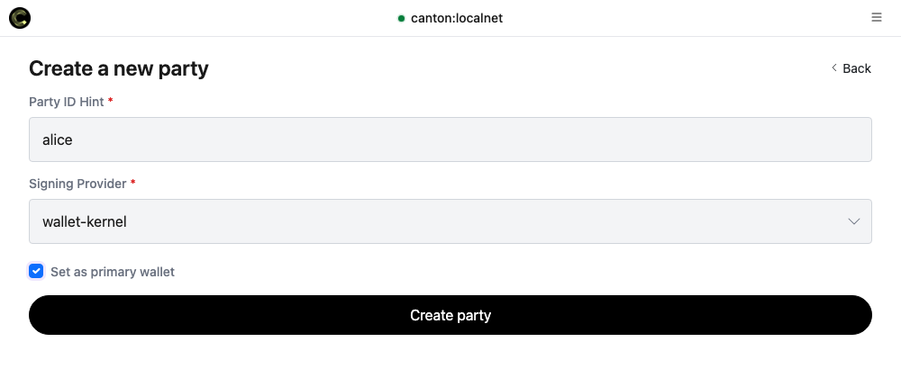 Creating a party in the Wallet Gateway